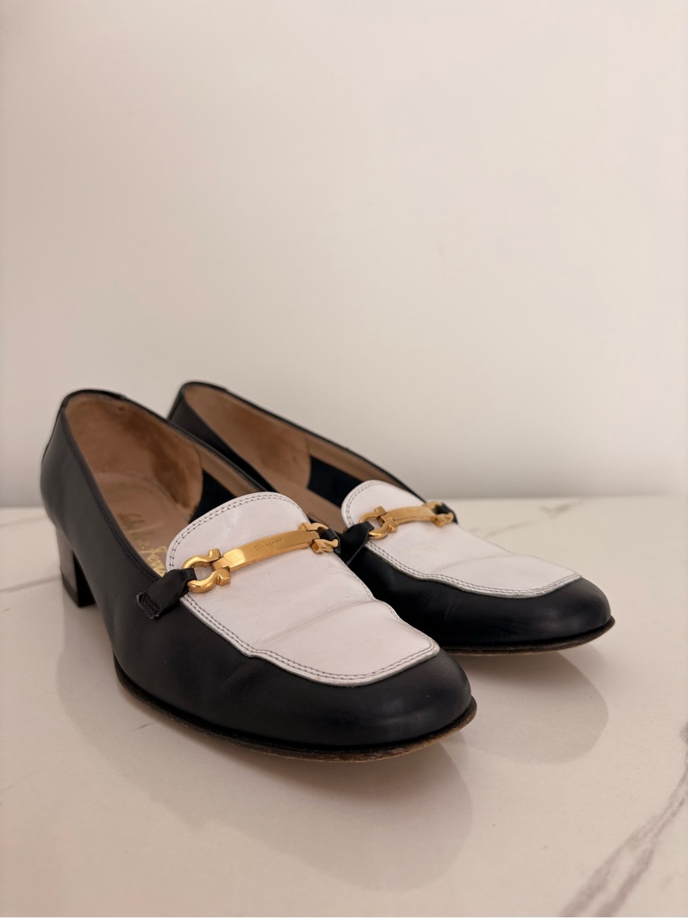 Salvatore Ferragamo Black and White Leather Bit Loafers